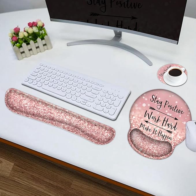 DINKY Large Gaming Mouse Mat and Mouse Pad Wrist Keyboard Wrist Rest Set Anti-Slip Base Mousepad + Coaster 35.4 x 15.80-inch Ergonomic Wrist Support for Home Working Gaming-PinkQuote