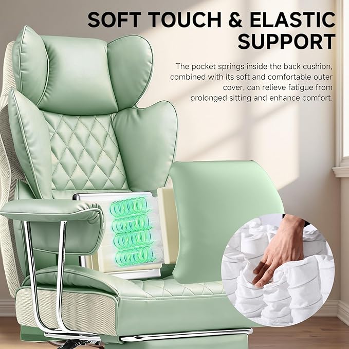 COMHOMA Big and Tall Office Chair High Back Leather Gaming Chair with Footrest Executive Ergonomic Office Chairs with Pocket Spring Lumbar Support and with Outward Fixed Soft Armrests