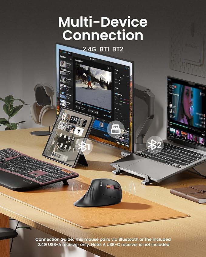 ProtoArc Ergonomic Mouse EM11 NL Bluetooth Rechargeable Wireless Vertical Mouse 3 Multi-Device Connectivity for Computer/PC/Laptop 2.4GHz USB-A Optical Mice for Windows Mac OS Wine Red