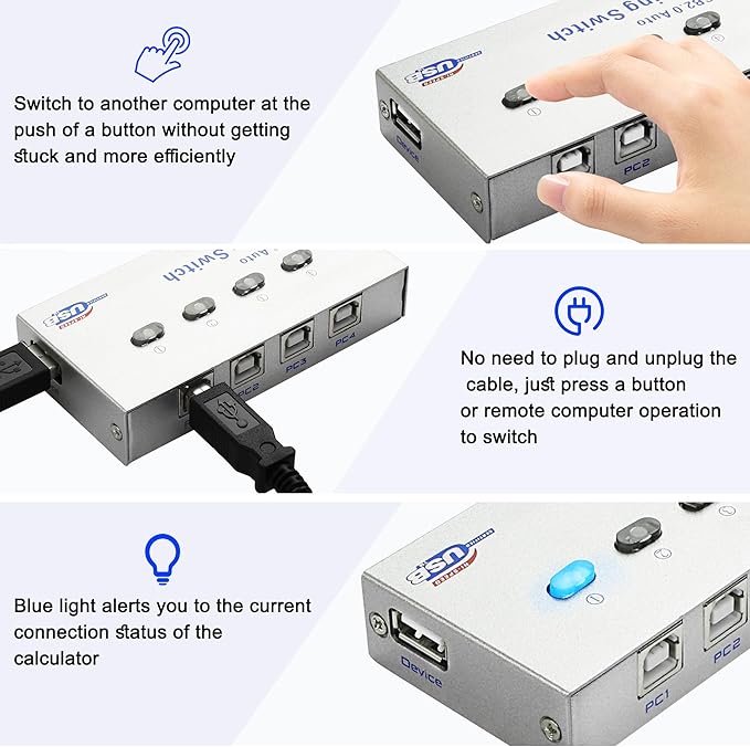 XMSJSIY USB 2.0 Sharing Switch Selector 4 in 1 Out Printer Sharer Switcher 4 PC to 1 Splitter Hub for PCPrinterScannerKeyboard PlotterCard Reader -1 PCS