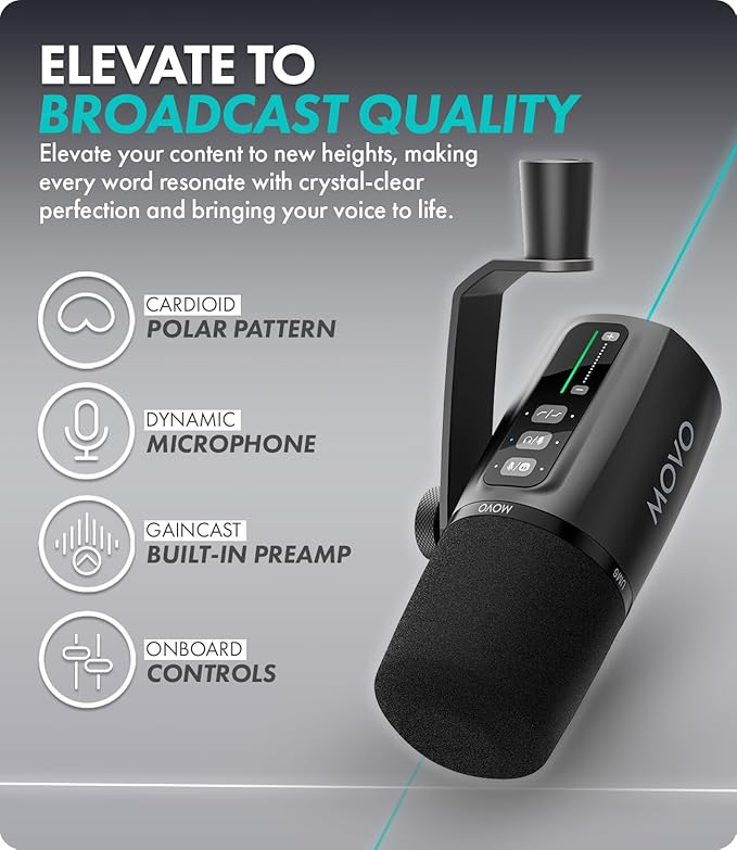 Movo UM6 Dynamic Podcast Microphone with Built-in GainCast Preamp - XLR and USB C Outputs - Studio Mic for Gaming Podcasting Streaming Vocals Computers and Content Creation