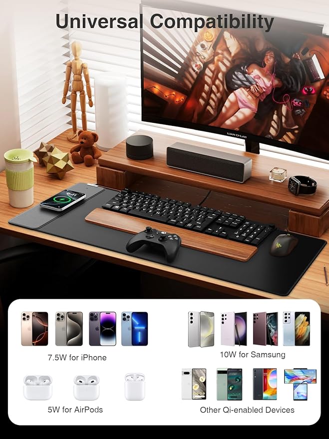 2-in-1 Mouse Pad with Magnetic Wireless Charging Gaming Mouse Pad 31.5x15.8 Large Desk Mat for Laptop/Keyboard Waterproof Smooth Surface Non-Slip Base No Adapter