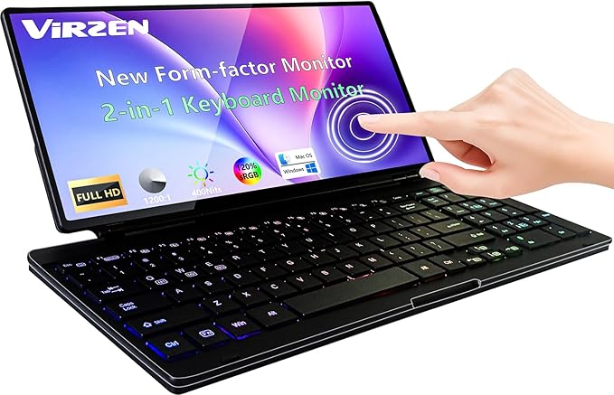 Portable Touchscreen Monitor with Silent Keyboard 12.8-inch Ultra-Slim Stretched Bar Screen Folding FHD 120% sRGB USB-A/C Compatible Screen for Computers Laptops Mini PCs Console