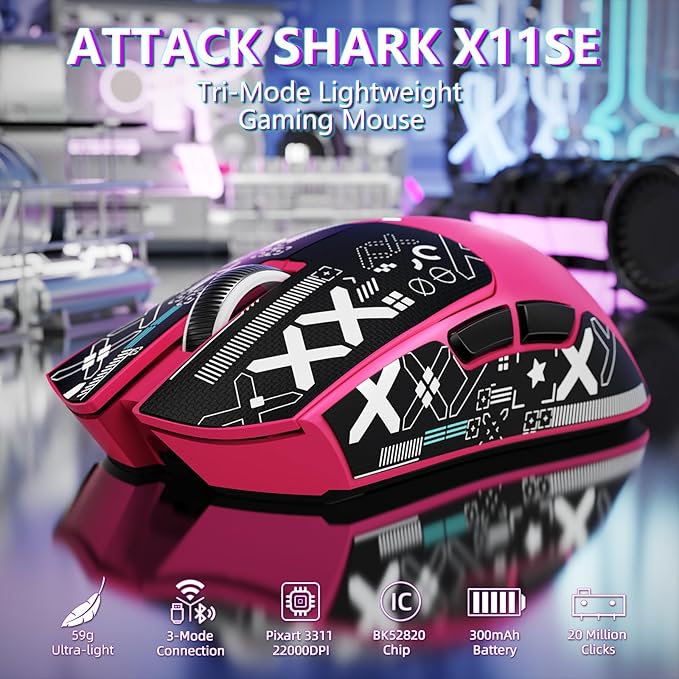 MAMBASNAKE Attack Shark X11SE Lightweight Wireless Gaming Mouse Tri-Mode 2.4G/USB-C Wired/BT 22K DPI PAW3311 Optical Sensor 59g 5 Programmable Buttons 300mAh Battery for PC/Mac((Berry-Griptape)