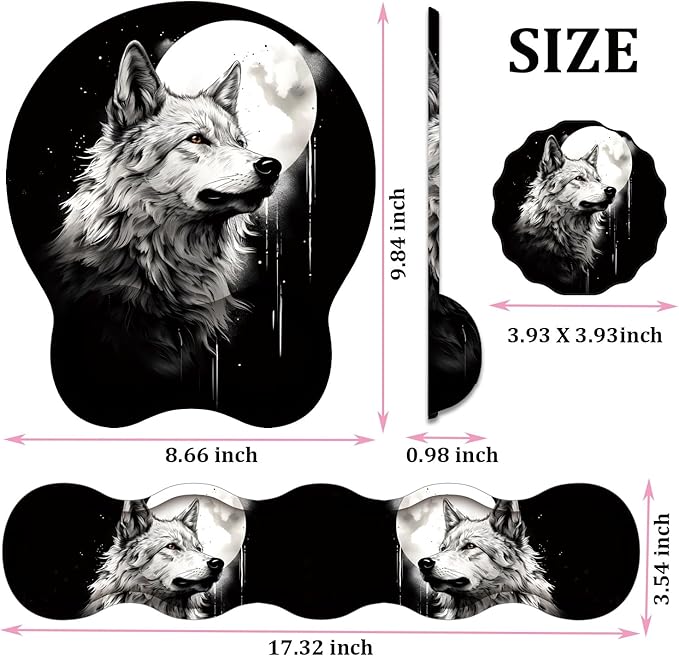 Mouse Wrist Rest and Keyboard Wrist Rest Pad+ Coaster Set Non-Slip Rubber Base Smooth Surface Ergonomic Gaming Mouse Pad for Easy Typing and Pain Relief Wolf Moon