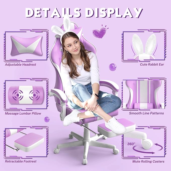 Ferghana Kawaii Light Purple Gaming Chair with Bunny Ears Ergonomic Cute Gamer Chair with Footrest and Massage Racing Reclining Leather Computer Game Chair 250lbs for Girls Adults Teens Kids