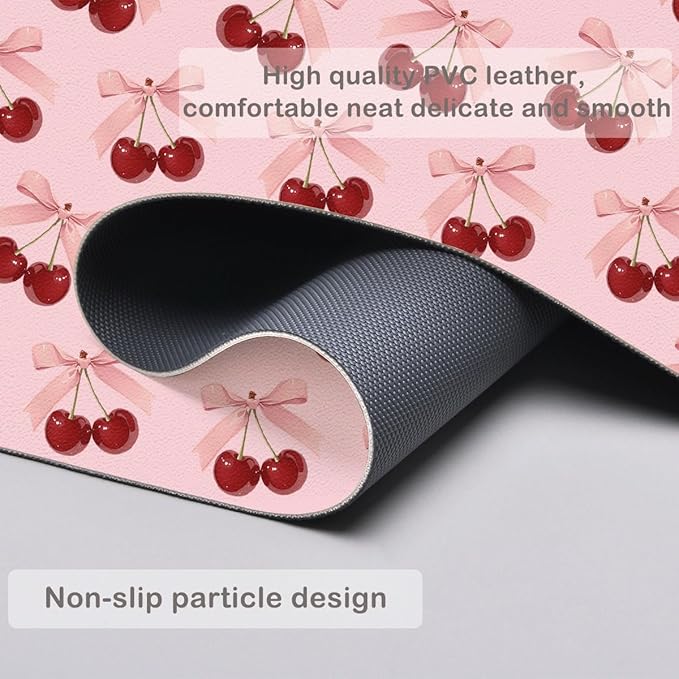 Cute Bow Cherry Pink Extended Gaming Keyboard Mouse Pad Non-Slip Leather Home Office Desk Mat Protector Laptop Desk Pad Writing Pad