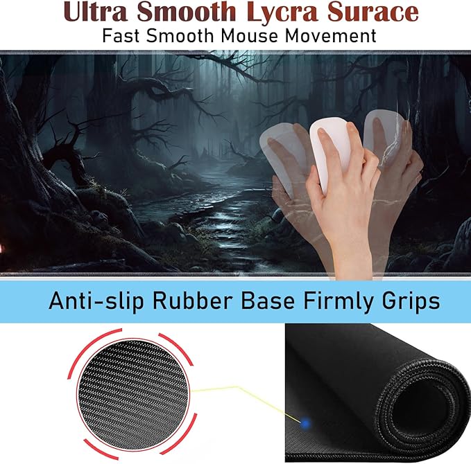 Large Gaming Table Pad 31.5 x 11.8 + Keyboard Wrist Pad + Mouse Wrist Pad + Coaster Non-Slip Base 4-in-1 Set Ergonomic Memory Foam Easy Typing Pain Relief Strange Mysterious Dark Forest