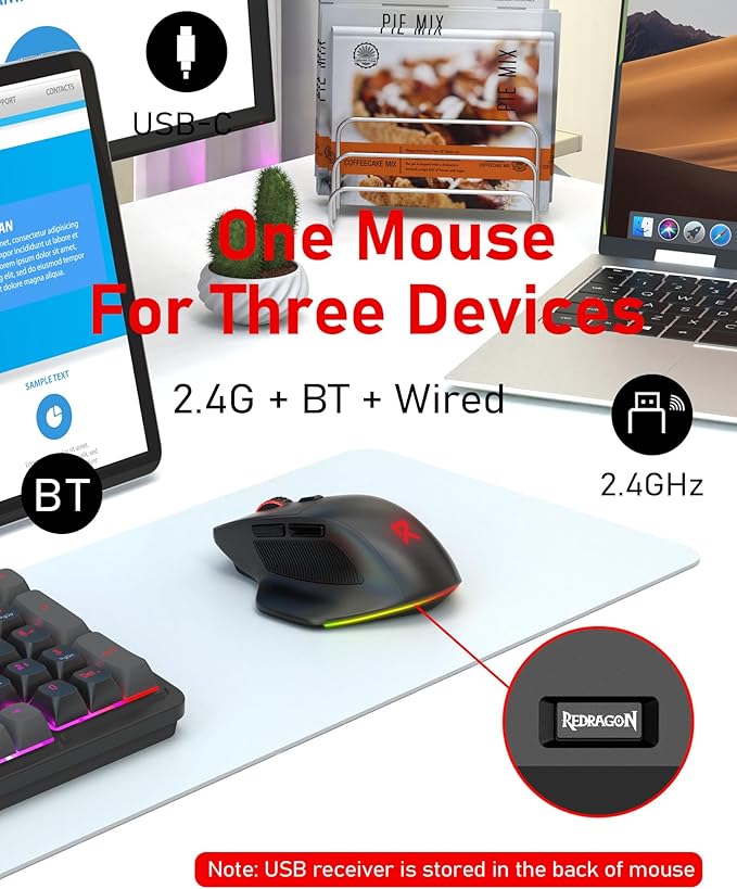 Redragon Large Wireless Gaming Mouse for Big Hands Tri-Modes 2.4G/Bluetooth/Wired Rechargeable Ergo RGB Mouse with 2 Side Buttons 6 Backlit Modes Programmable Macro Gamer Mouse