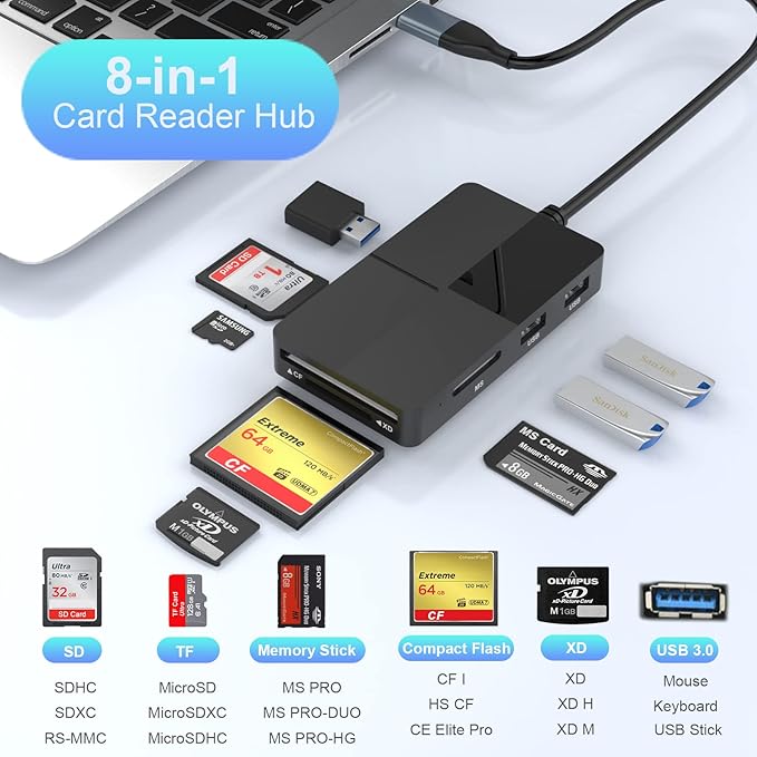 USB C USB3.0 Multi Card Reader Hub SD/XD/TF/CF/MS Card Slot with 3 USB3.0 8 in 2 Memory Card Reader/Adapter/Hub for SD SDXC SDHC CF CFI XD MS TF Micro SD Micro SDXC SDHC MS MMC UHS-I USB Stick Mouse