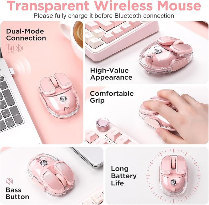 Q9 Wireless Computer Mouse 2.4GHz/Bluetooth Mouse Ergonomic Optical Mouse with RGB LightingSilent Clicks4800 DPI 4 Adjustment LevelsCompatible with PC Mac Laptop(Pink)