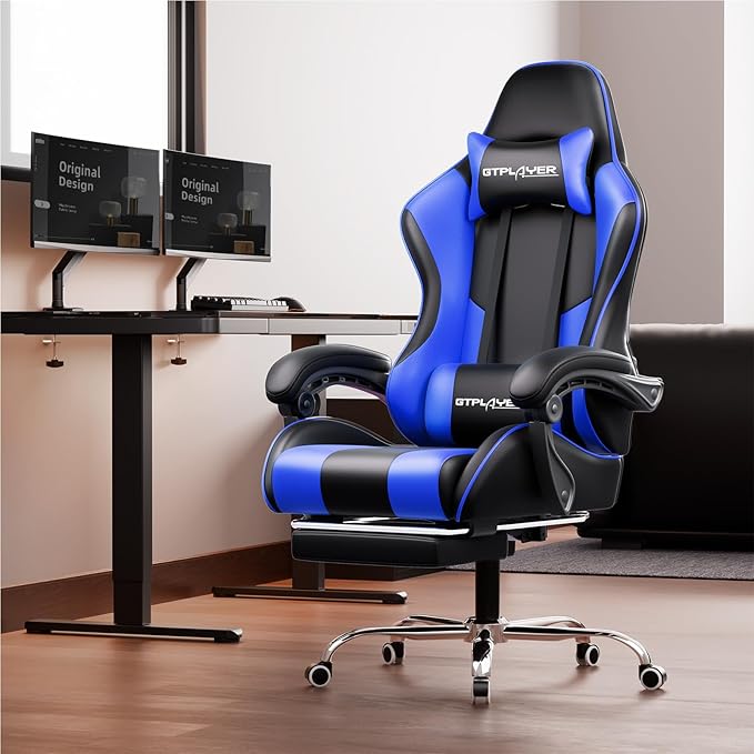 GTPLAYER Gaming Chair Computer Chair with Footrest and Lumbar Support Height Adjustable Game Chair with 360°-Swivel Seat and Headrest and for Office or Gaming (Faux Leather Blue)