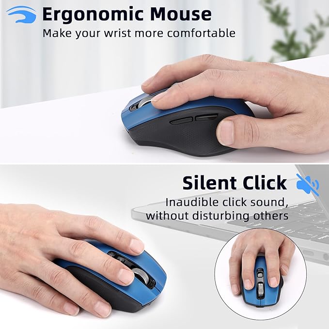 Wireless Mouse with Bluetooth USB A USB C Receiver Rechargeable Full Size Mouse Ergonomic Silent for MacBook/Laptop/Computer/PC/iPad-Blue