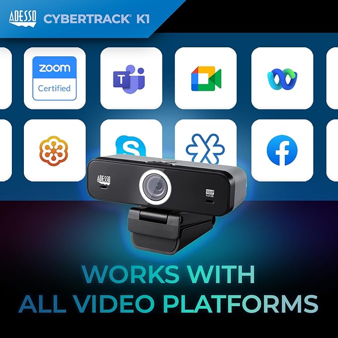 Adesso CyberTrack K1 1080P Full HD Fixed Focus USB Webcam with Adjustable View Angle Built-in Dual Microphones Privacy Shutter Audio/Video Mode Privacy ON/Off Switch &amp Tripod Mount