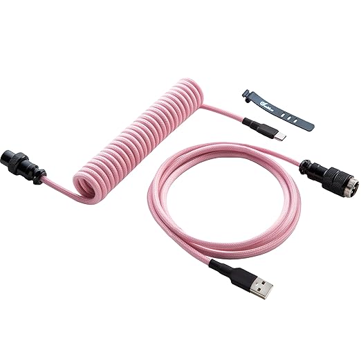 GUNMJO Pro Custom Coiled USB C Cable for Gaming Keyboard Double-Sleeved Mechanical Keyboard Cable with Detachable Metal Aviator 1.5M USB-C to USB-A Black Pink