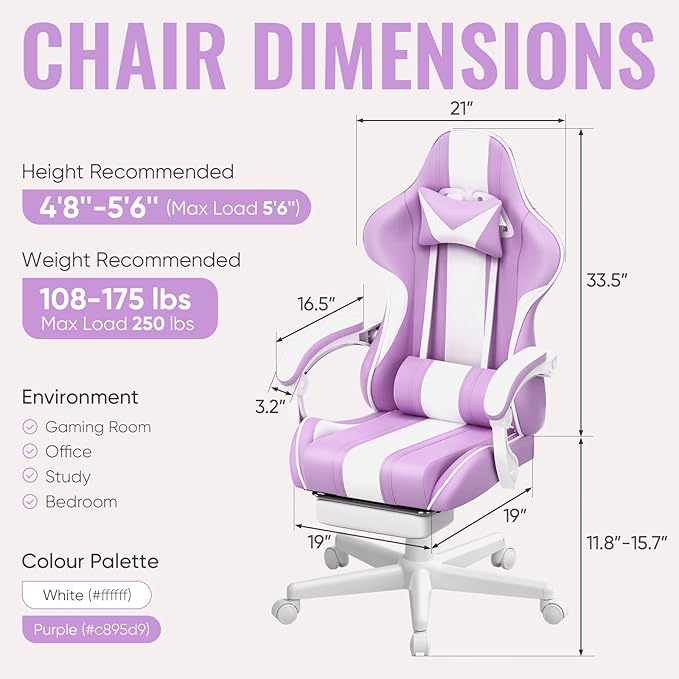 Ferghana Gaming Chairs Ergonomic Racing Style PC Game Computer Chair with Headrest Lumbar Support Adjustable Recliner PU Leather Video Computer Chair(Light Purple)
