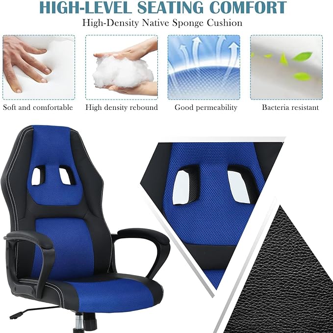 Executive PC Gaming Chair with Lumbar Support &amp Headrest - Ergonomic Leather Racer Task Chair for Home Office Gaming Room - Heavy Duty &amp Comfortable (Blue)