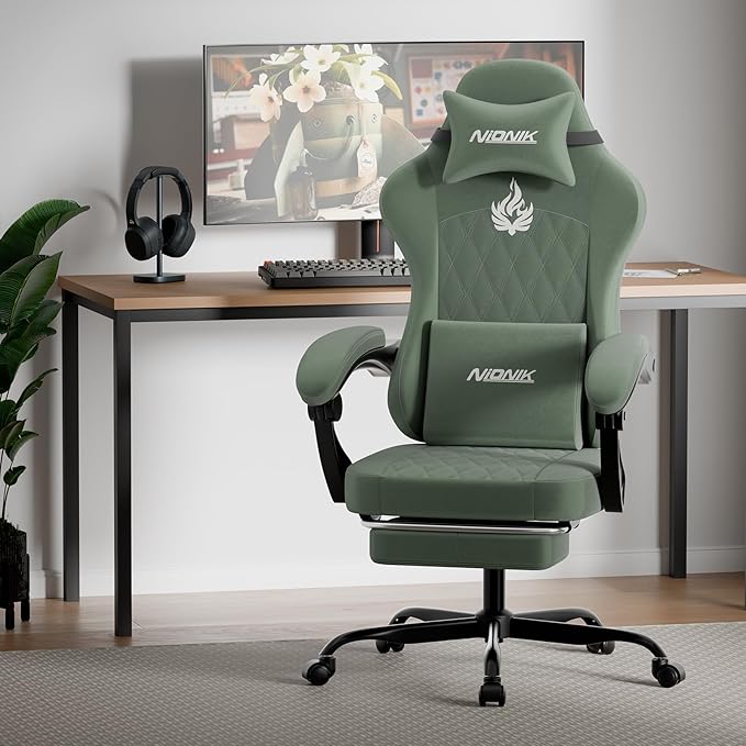Ergonomic Gaming Chair Video Gamer Chairs Gaming Computer Chairs Gamer Chairs for Adults Massage Lumbar Support Swivel Height Adjustable Headrest Backrest Green