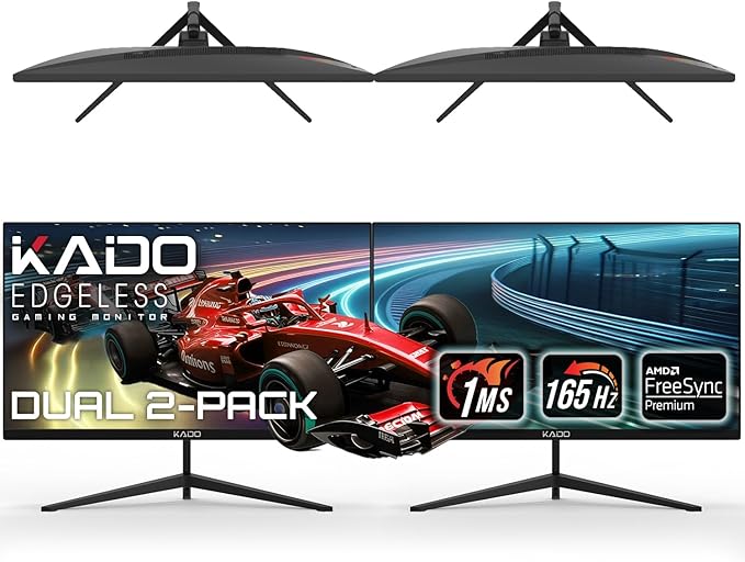 Kado Dual Gaming Monitor Setup - 2-Pack 27 165Hz 1ms 1920x1080 Flat Screen AMD FreeSync Premium Panoramic Gaming Multi-View Split Screen Streaming VESA Mount HDMI DisplayPort Built-in Speakers