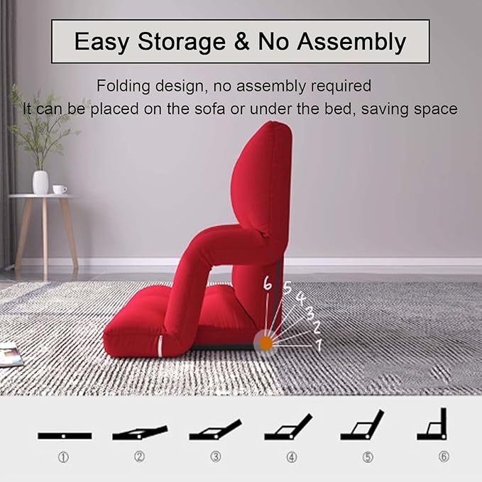 Adjustable 6-Position Floor ChairLazy Sofa Chair with Back SupportFolding Chaise Lounge Sofa Chair with ArmrestPadded Comfy Recliner Gaming Chairs for Living Room Bedroom (Red)