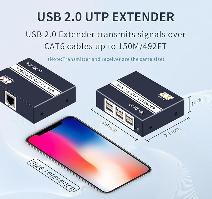 usb extender over ethernet cat5e cat6/7 up to 492FT/150m6 Port UBS2.0Plug and Playusb ethernet extender over rj45. No DriverSupports All Operating System Keyboard and Mouse Over Ethernet. (cat5e)