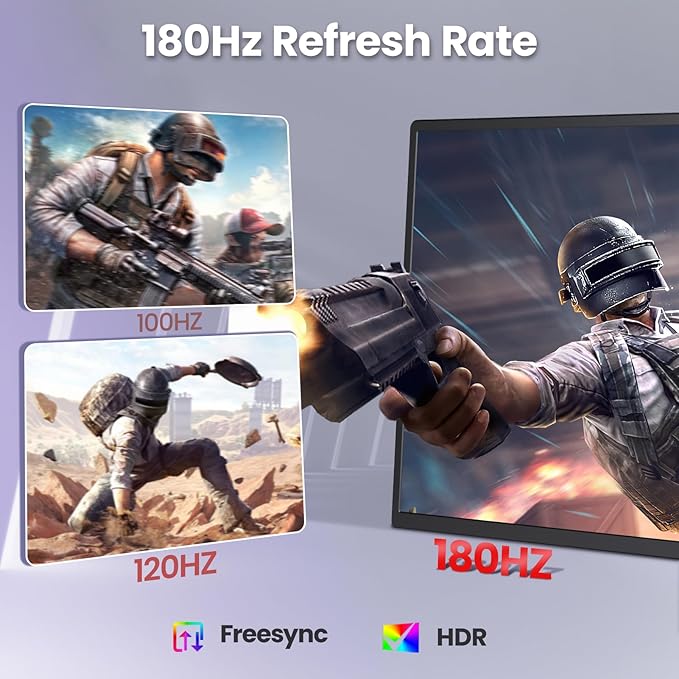 2K 180Hz Portable Monitor23.8 2560x1440 QHD 120% SRGB IPS FreeSync Gaming Moniter USB-C HDMI Large Work Home Office Second Monitor VESA Mountable Adjustable Tilt &amp Height for Laptop PS4Xbox