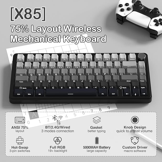 ATTACK SHARK X85 Wireless Mechanical Gaming Keyboard with Knob Hot Swappable BT/2.4GHz/USB-C Side Print PBT Keycaps 75% Gasket Keyboard RGB Coiled Cable Linear White Jade Switch for PC/MAC/Win