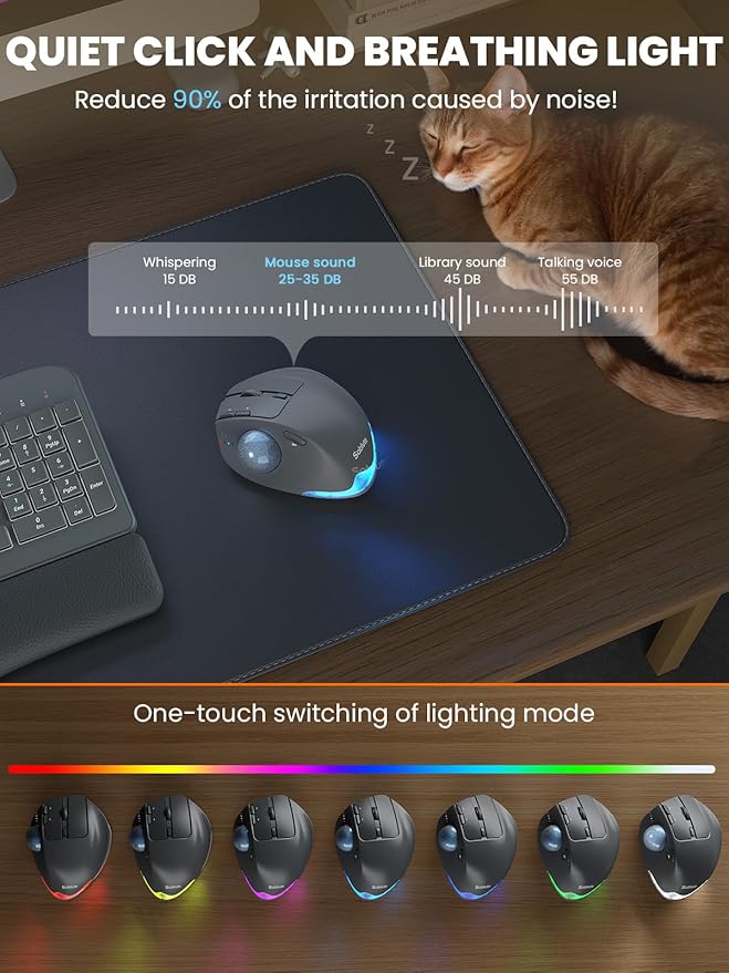 MAM1 Pro Wireless Trackball Mouse Ergonomic Bluetooth Rechargeable Computer Mouse Backlit Rollerball Thumb mice with 5 Level DPI Adjustable Angle 3 Devices Connection for PC Windows - Gray Mouse
