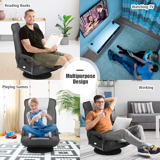 GOFLAME Swivel Gaming Floor Chair 360 Degree Folding Chair with Adjustable 6-Position Backrest and Armrest Lazy Sofa Lounger for TV Reading Playing Video Games (Black/Grey)