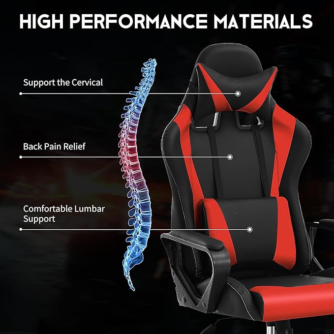 BLKMTY Gaming Chair Video Game Ergonomic Office Racing Computer PU Leather Chair - High Back Executive Task with Lumbar Support Headrest Swivel Chairs Red
