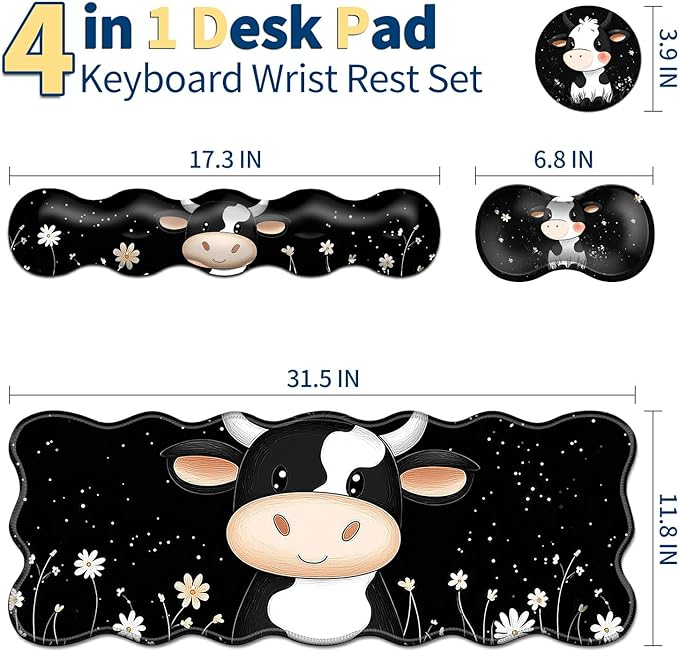4-Piece XXL Gaming Mouse Pad Set (31.5x11.8) with Keyboard Wrist RestMouse Wrist Support &amp CoasterErgonomic Non-Slip Desk Mat for Office &amp HomeCute Black White Cow