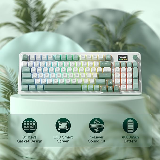 Redragon K719 Wireless Gasket Gaming Keyboard w/Hype Screen &amp Knob 95 Keys Mechanical Keyboard Easy-Control 1.14’’ TFT Info Display 5-Layer Noise Dampening Custom Linear Switch Jade Cloud Col