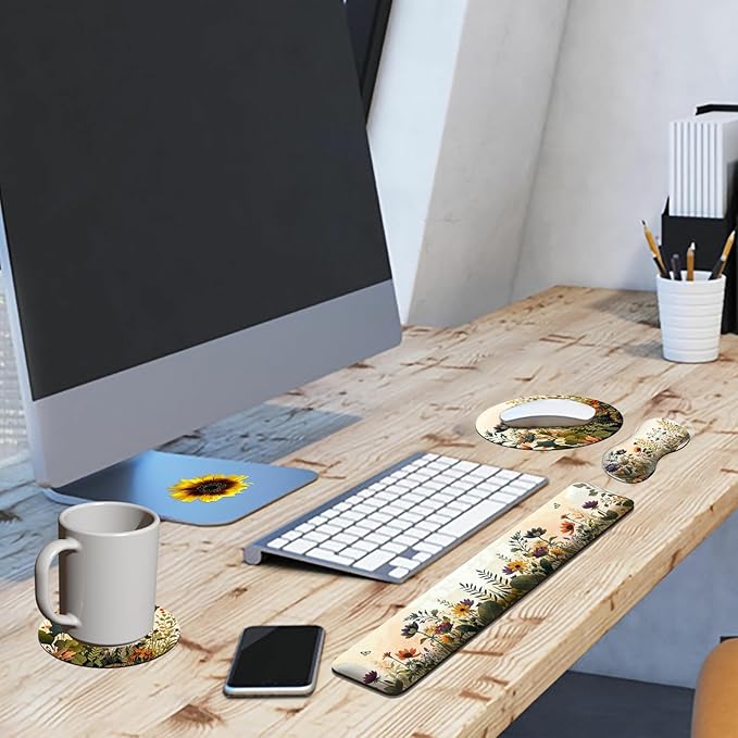 Mouse Pad with Wrist Rest + Keyboard Wrist Rest + Gaming Mouse Pad + Coasters Ergonomic Memory Foam Wrist Pad Set with Easy Typing &amp Pain Relief for Computer Laptop Office &amp Home - Floral Flow
