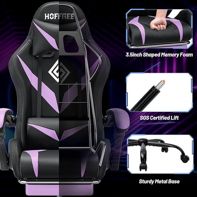 HOFFREE Gaming Chair with LED RGB Lights Massage Ergonomic Video Game Chairs with Footrest High Back Reclining Computer Chair with Adjustable Lumbar Support Purple and Black