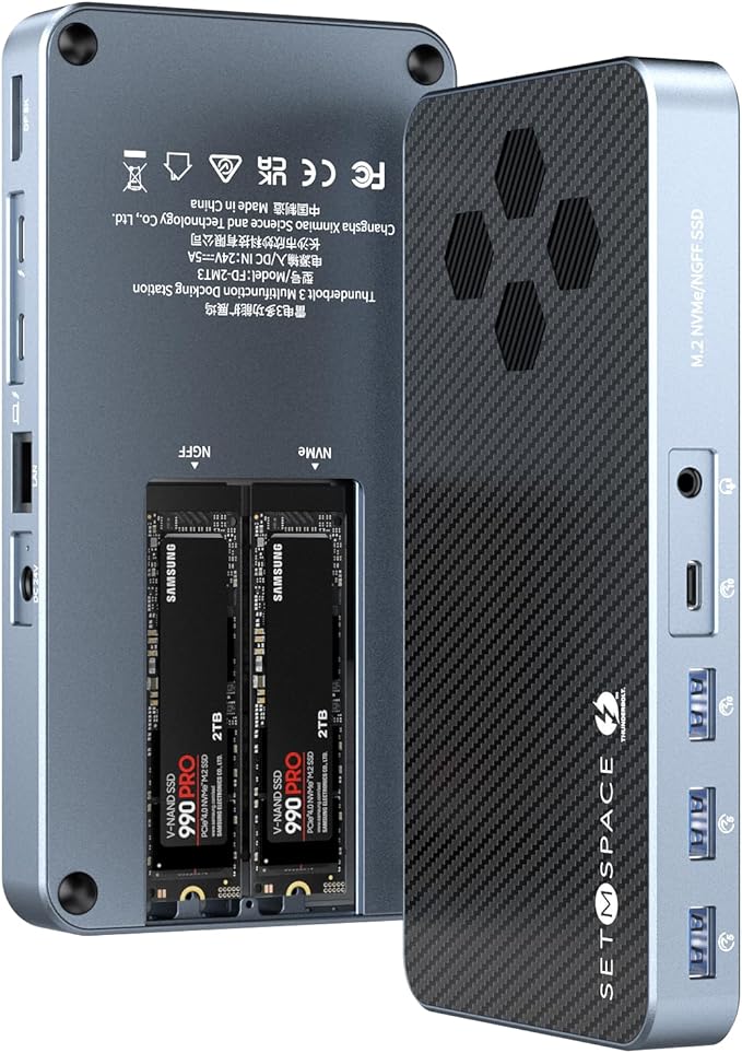 10 in 1 Docking Station with Thunderbolt 3 Port 2X USB 3.1 Gen1 2X USB 3.1 Gen2 PD 60W 8K@60Hz DP 3.5 Audio/Mic Ethernet 120W DC in NVMe and SATA M.2 SSD Enclosure