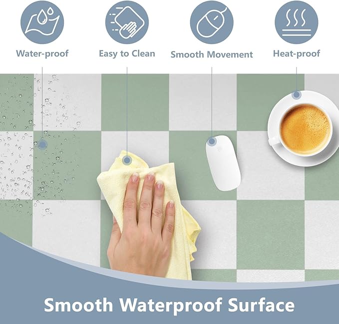 Mouse Pad Desk Mat Leather Desk Pad Large Gaming Desk Cover Protector Mat for Keyboard Computer Laptop Office Waterproof 47.2 x 23.6 Inch Checkered White and Green