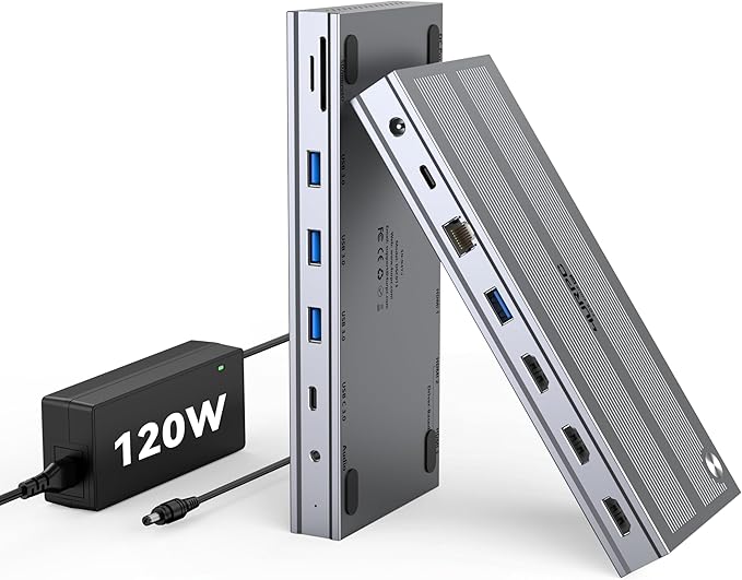 4URPC USB C Docking Station Triple Display with 120W Power Adapter 3X HDMI Laptop Docking Station 3 Monitor for Windows MacBook/Mac mini M4(5 USB Ethernet SD/microSD)
