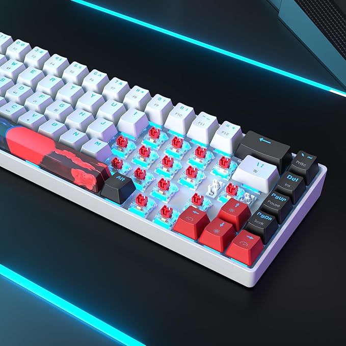 Protable 60% Percent Gaming Keyboard Mechanical Mini Compact Ice-Blue LED Backlit 68 Keys Wired Office Keyboard with Red Switch for Mac/Win/PS4/PS5（68White/red Switch）