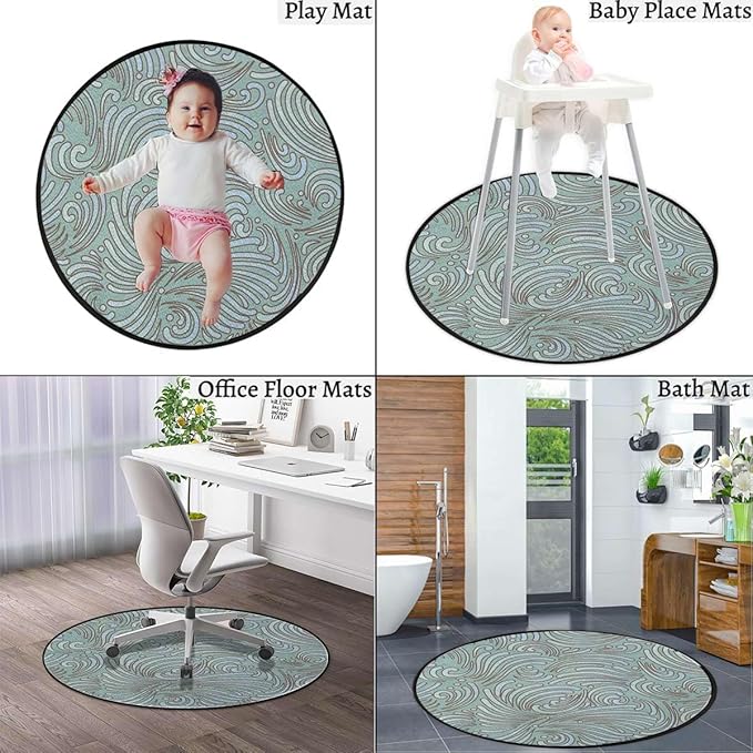 Seafoam White Rug for Kitchen Bathroom Bedroom Living Room -Round Floor Mat Modern Area Rugs Runner Abstract Victorian Style Floral Leaves Diameter 39.4 in