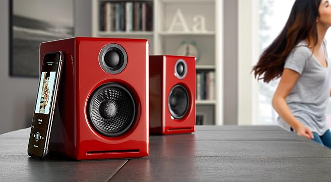 Audioengine A2 Red Pc Speakers for Desktop and S6 Gray Subwoofer for Music Gaming Movies Studios Dorms Bedrooms Offices