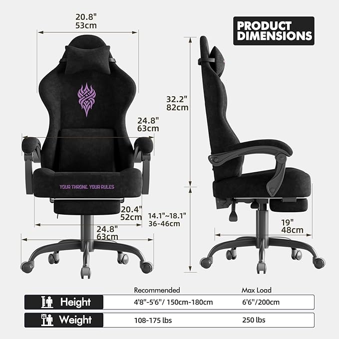 Soontrans Black Velvet Fabric Gaming Chairs with Footrest Ergonomic Comfortable Video Gamer Chair Reclining Office Computer Desk Game Chairs with Massage Lumbar CushionHeadrest for Adult