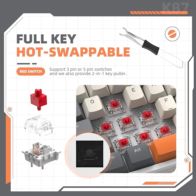ZIYOU LANG K87 TKL Hot Swappable Wireless Mechanical Gaming Keyboard with Custom Coiled USB C Cable Triple Mode 2.4Ghz/Bluetooth 5.0/Wired Red Switches 20 RGB Backlit 3000mAh Battery for PC Laptop