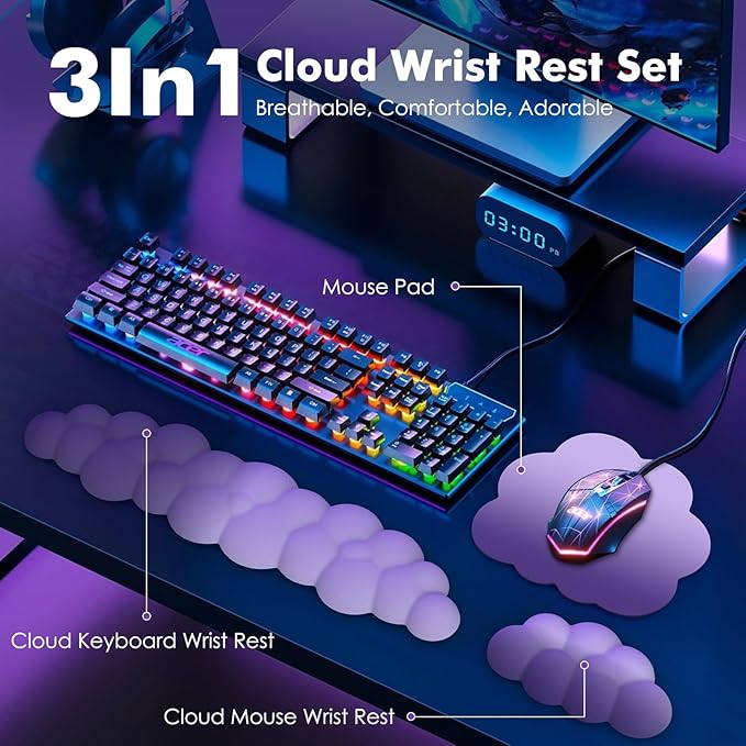 MoKo Cloud Wrist Rest Ergonomic Cloud Keyboard Wrist Rest with Mouse Rest Wrist Pad Durable Polyester Cloud Arm Rest Wrist Pad for Keyboard and Mouse for Office Gaming Computer Laptop Purple