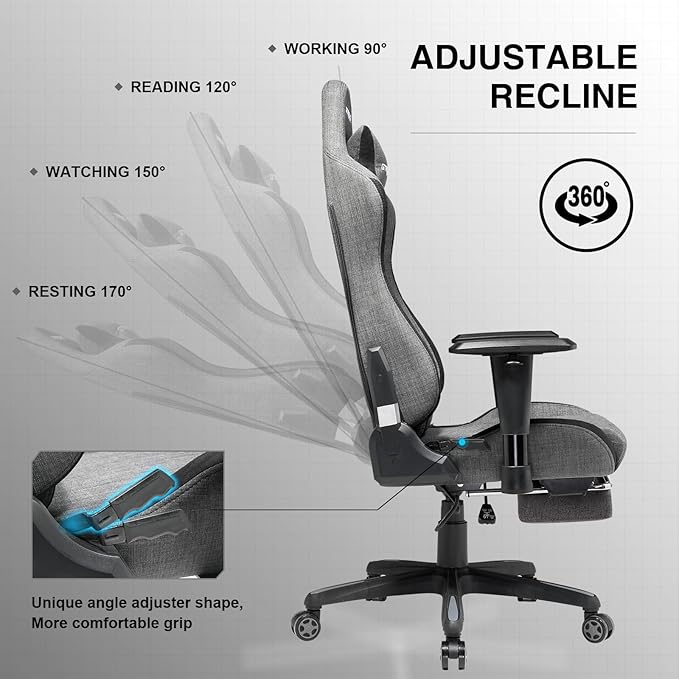 GTPLAYER Gaming Chair with Footrest Fabric Breathable Big and Tall Ergonomic Computer Chair 350 lbs with Adjustable Lumbar Support and Recliner High Back Game Chair for Office Gaming Grey