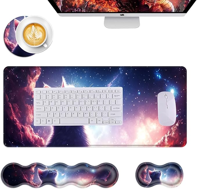 Mouse PadLarge Desk Mat Set 4in1 XL Mousepad + Keyboard Wrist Rest+Mouse Wrist Rest+Coaster with Ergonomic Desk Pad for Home Office Table Computer Cover -Cat Looking at Starry Sky