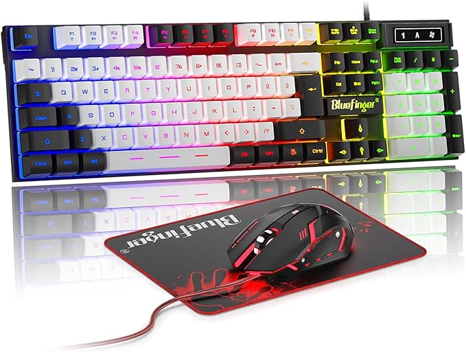 BlueFinger RGB Gaming Keyboard and Backlit Mouse Combo USB Wired LED Gaming Set for Laptop PC Computer Game and Work (Black &amp White)