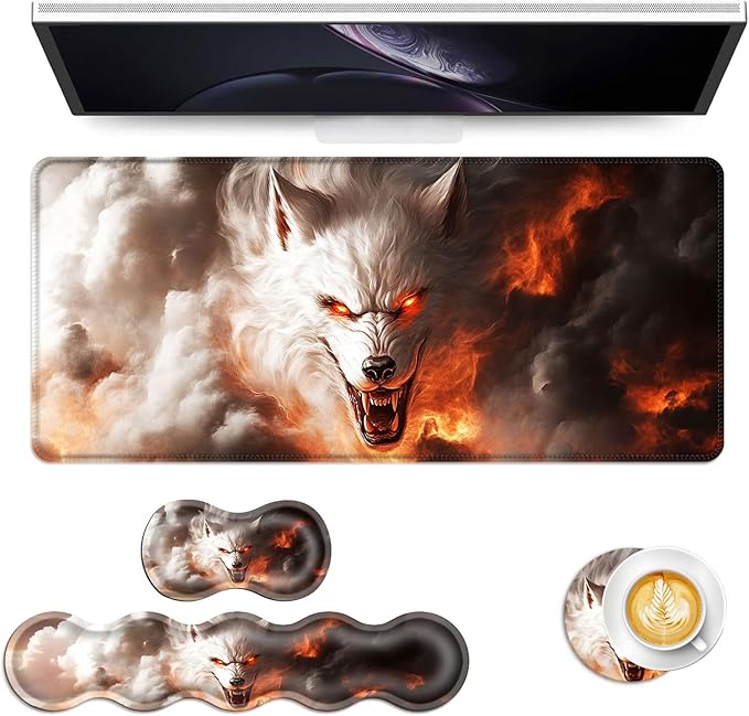 Keyboard Mouse Pad Set Extended Gaming Mouse Pad+Ergonomics Keyboard Wrist Rest Support Memory Foam Easy Typing Pain Relief 4Pcs XL Ultra Thick Desk MatFlaming White Wolf Art