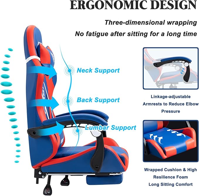 RGB Gaming Chair with Footrest Ergonomic Massage Computer Desk Chair Video Gaming Chair with Speakers Lumbar Support Height &amp Angles Adjustable Reclining Gamer Chair7 Point Massage