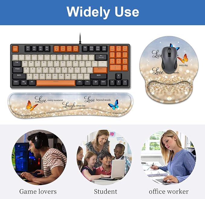Keyboard Wrist Rest + Mouse Pad Wrist Support Set with Coasters Non-Slip PU Base Ergonomic Mousepad for Home Office Working Studying Easy Typing &amp Pain Relief Glitter Quote Live Laugh Love