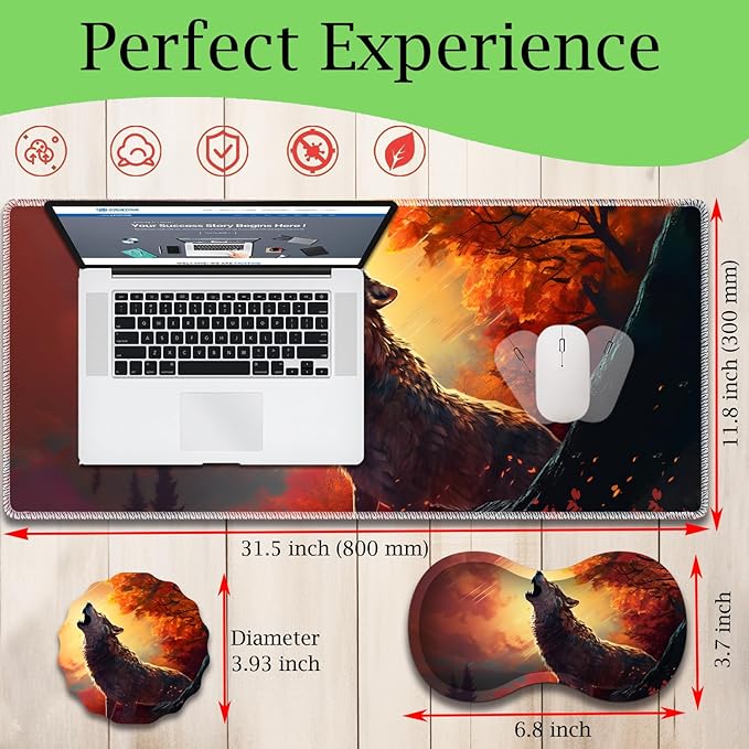 Mouse Pad Set Large Gaming Mouse Pad (31.5X 11.8 inches)+ Wrist Rest Pad + Coaster Ergonomic Wrist pad Home Office Desk Accessories Decor Supplies Wolf Howling Under The Moon
